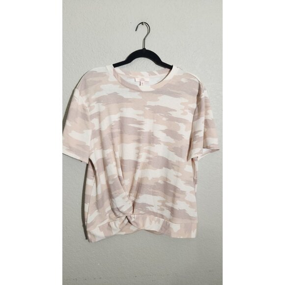Como Vintage Shirt Womens XL Beige Pink Camo Twist Front Short Sleeve Soft Top - Picture 1 of 9